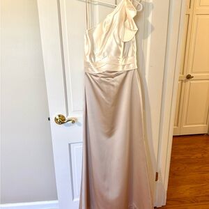 Dessy Collection Gold and Pink One Shoulder Flutter Sleeve Gown